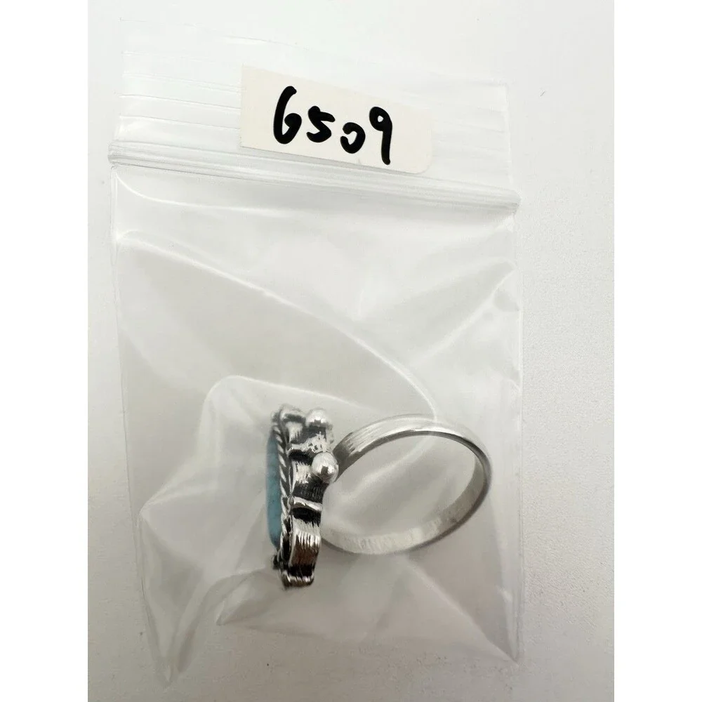 EMMONS Faux Turquoise Blue Oval Flower Vintage Ring Silver Tone Size 7.5